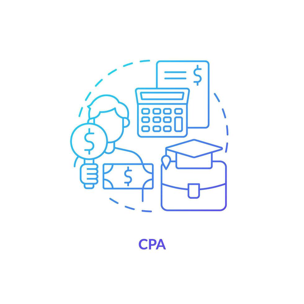 cpa Blau Gradient Konzept Symbol. zertifiziert Öffentlichkeit Buchhalter. gebildet Spezialist. Buchhaltung Werdegang abstrakt Idee dünn Linie Illustration. isoliert Gliederung Zeichnung vektor