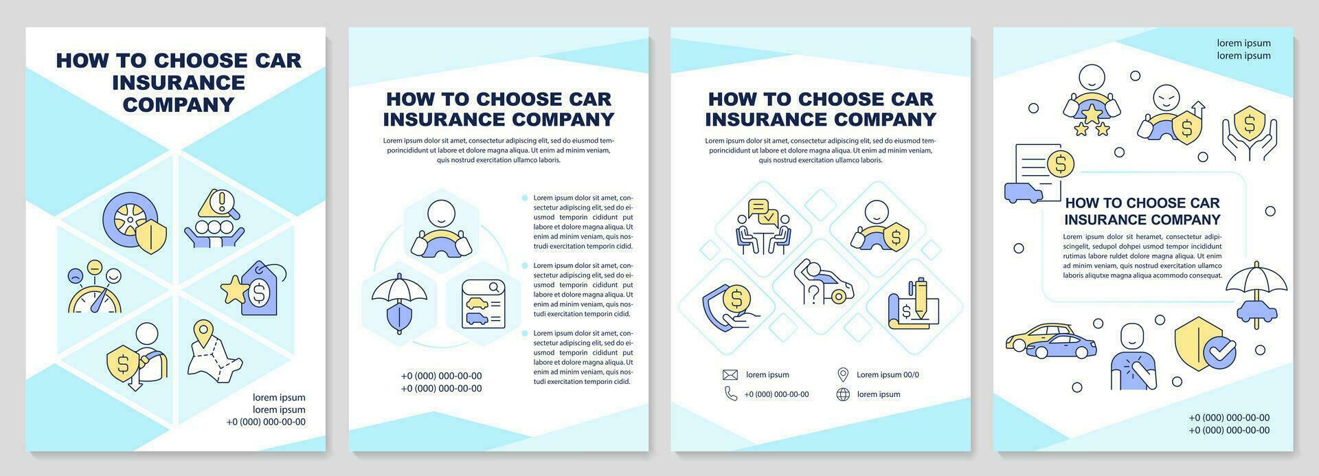 wählen Auto Versicherung Unternehmen Blau Broschüre Vorlage. Abdeckung. Flugblatt Design mit linear Symbole. editierbar 4 Vektor Layouts zum Präsentation, jährlich Berichte