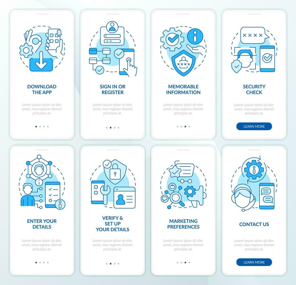 online Bankwesen Blau Onboarding Handy, Mobiltelefon App Bildschirm Satz. Anmeldung Komplettlösung 4 Schritte editierbar Grafik Anleitung mit linear Konzepte. ui, ux, gui Vorlage vektor