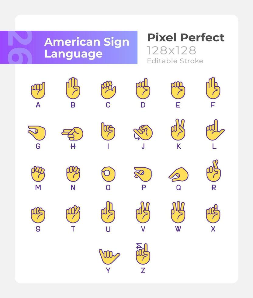 Briefe im amerikanisch Zeichen Sprache Pixel perfekt rgb Farbe Symbole Satz. isoliert Vektor Illustrationen. einfach gefüllt Linie Zeichnungen Sammlung. editierbar Schlaganfall