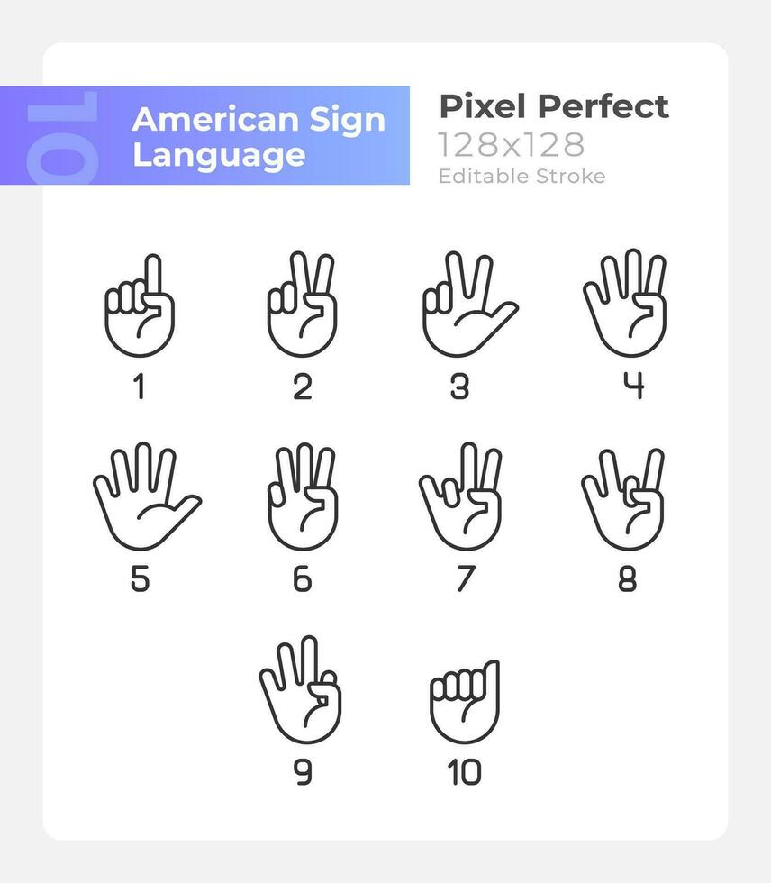 siffror i amerikan tecken språk pixel perfekt linjär ikoner uppsättning. anpassningsbar tunn linje symboler. isolerat vektor översikt illustrationer. redigerbar stroke