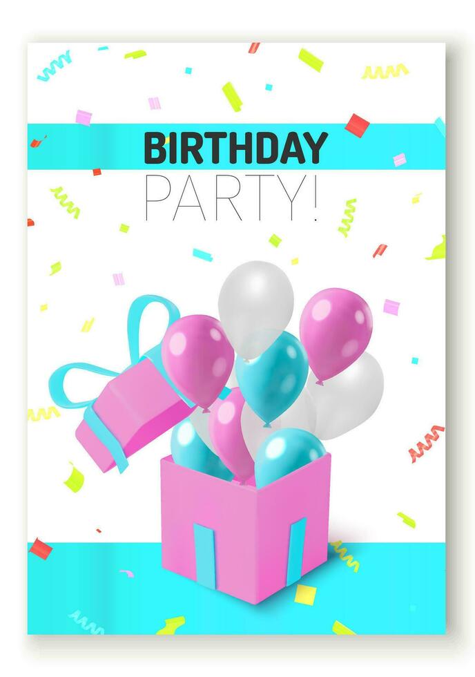 Mehrfarbig Konfetti mit Geschenk Box und Luftballons glücklich Geburtstag Feier Design Flyer vektor