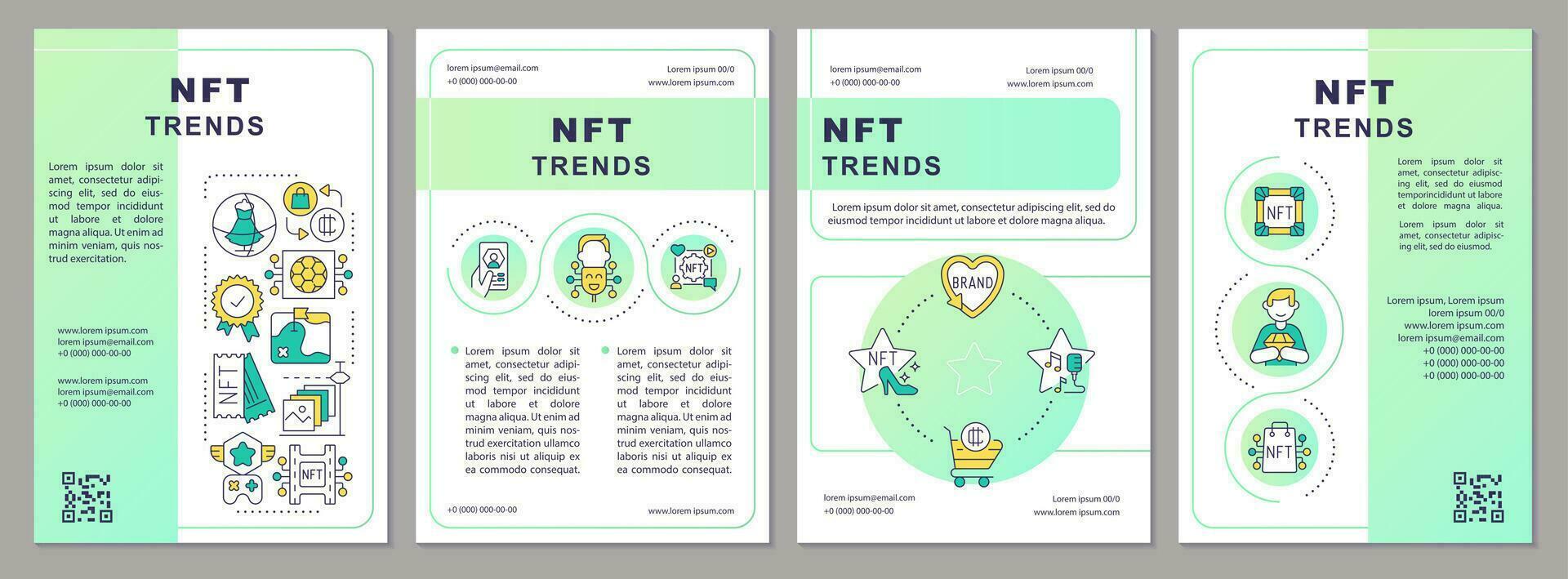 nft Trends Grün Gradient Broschüre Vorlage. Blockchain Netzwerk. Flugblatt Design mit linear Symbole. 4 Vektor Layouts zum Präsentation, jährlich Berichte