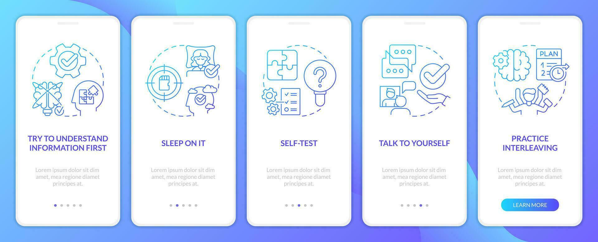 einfach Erinnerung Tipps Blau Gradient Onboarding Handy, Mobiltelefon App Bildschirm. lernen Dinge Komplettlösung 5 Schritte Grafik Anleitung mit linear Konzepte. ui, ux, gui Vorlage vektor