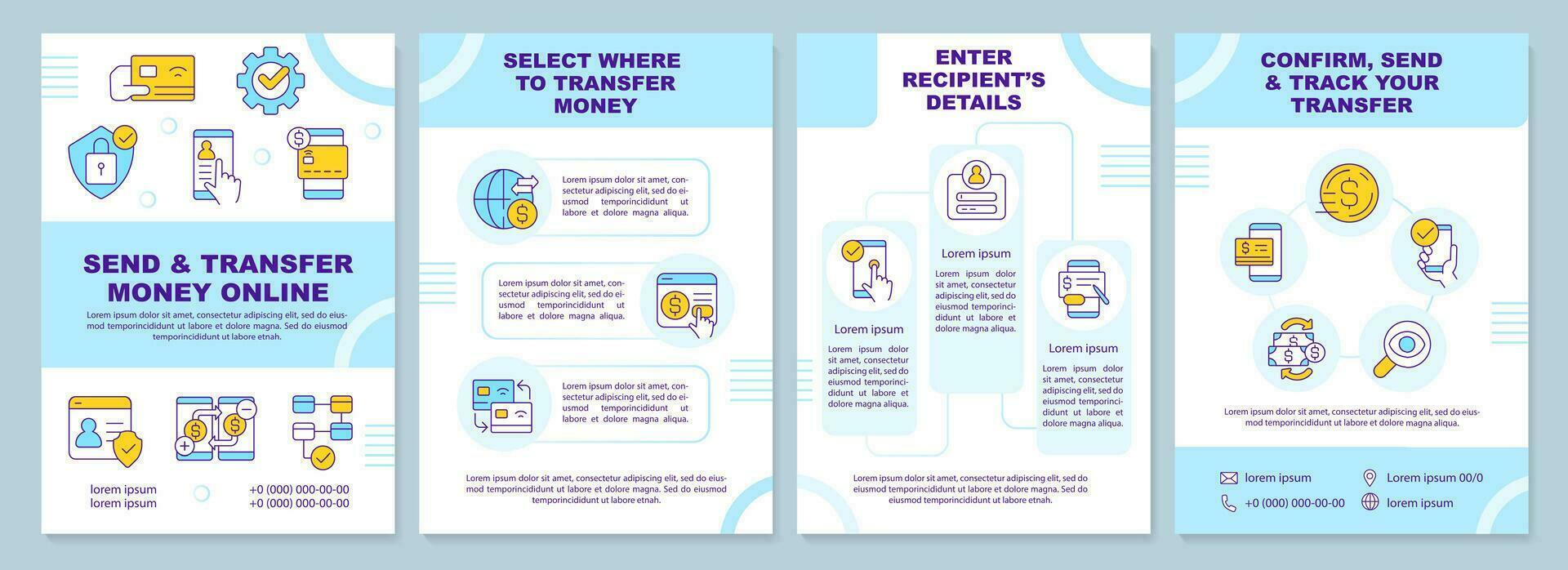 senden und Transfer Geld online Blau Broschüre Vorlage. Flugblatt Design mit linear Symbole. editierbar 4 Vektor Layouts zum Präsentation, jährlich Berichte