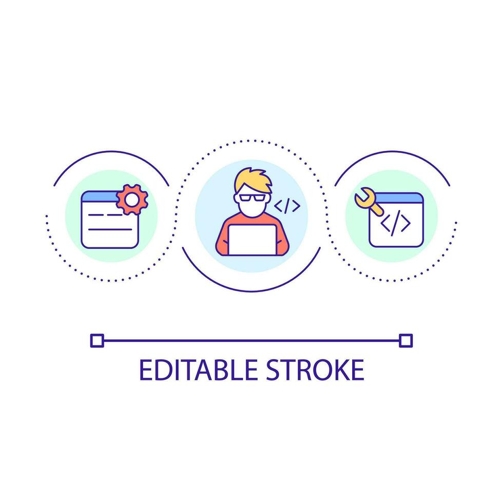 Programmierer Schleife Konzept Symbol. Computer Arbeiter. Digital Technologie Meister. Reparatur Software abstrakt Idee dünn Linie Illustration. isoliert Gliederung Zeichnung. editierbar Schlaganfall vektor