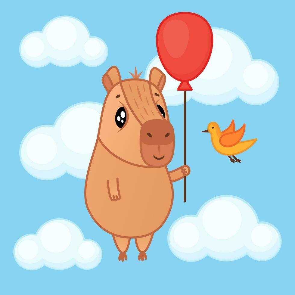 süß Capybara Charakter fliegen halten Ballon. Karikatur Tier Aufkleber. Vektor Illustration