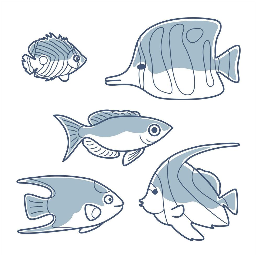 uppsättning av vektor disposition illustrationer av hav fiskar med partiell fylla.