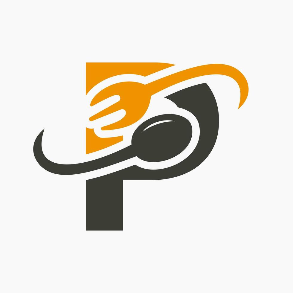 brev p restaurang logotyp kombinerad med gaffel och sked ikon vektor