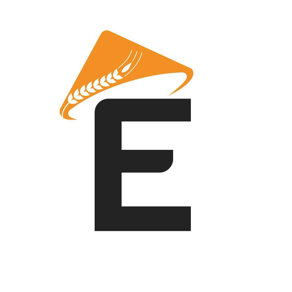 Brief e Landwirtschaft Logo auf Konzept mit Farmer Hut Symbol. Landwirtschaft Logo Vorlage vektor