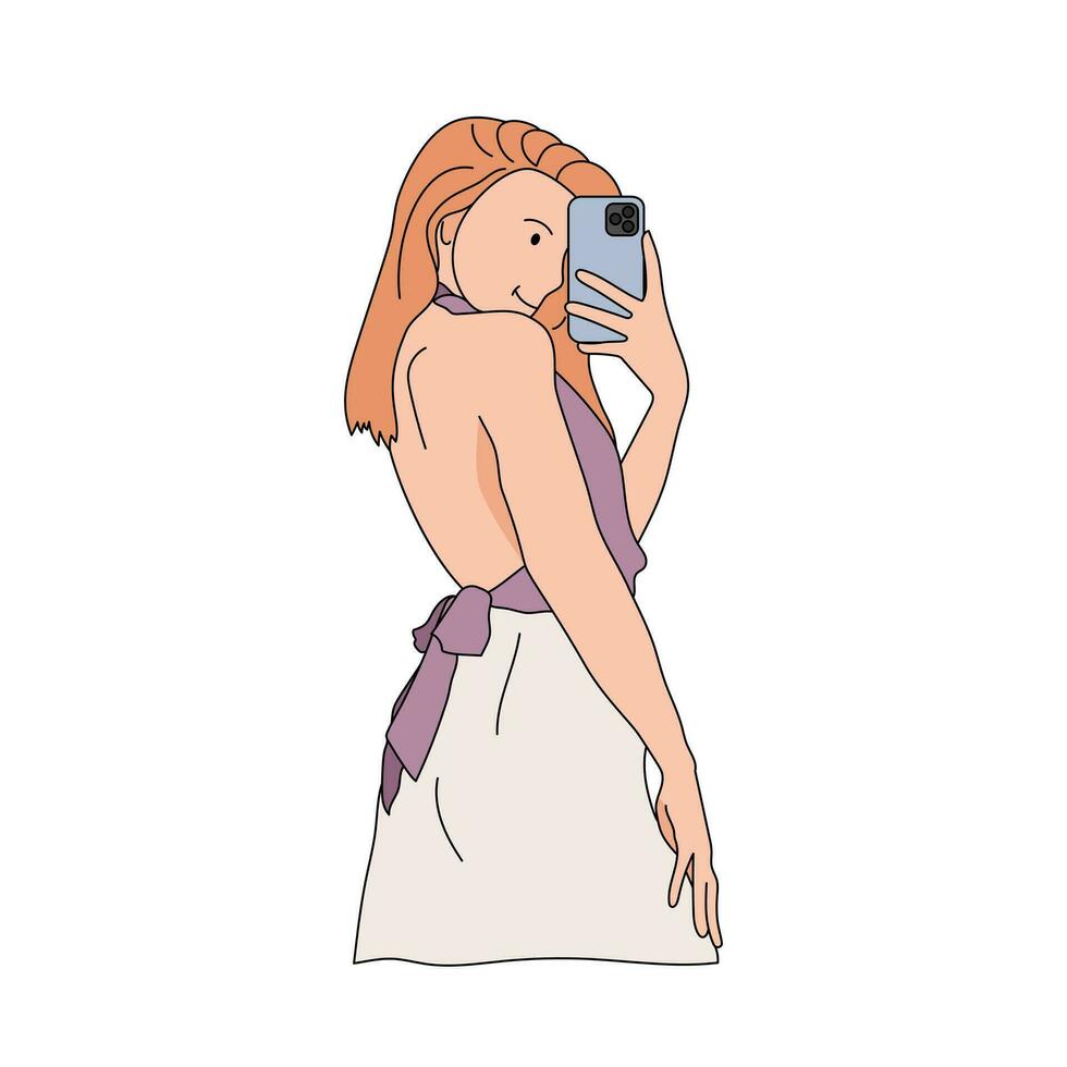 flicka gör selfie i de spegel. kvinna tar bild Foto av själv på smartphone. mode, social media begrepp. platt översikt stil. vektor illustration