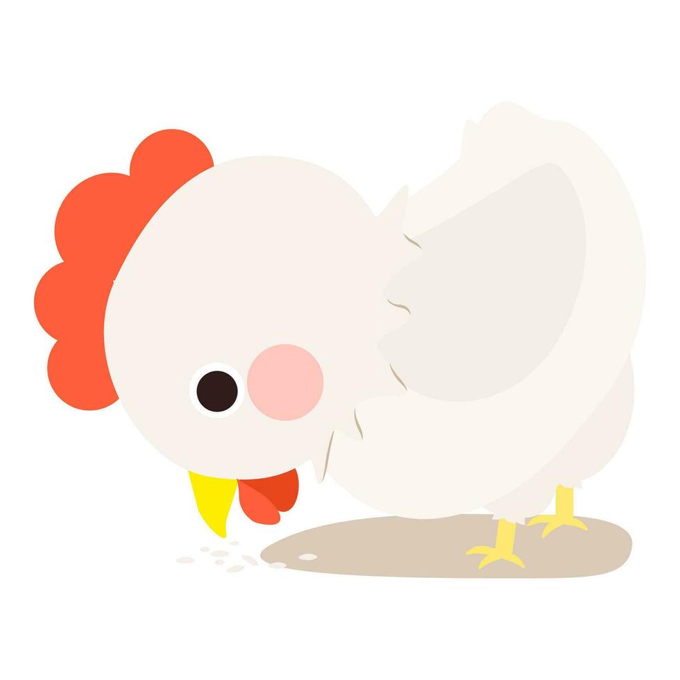 süß wenig Weiß Huhn, voll Körper, Stehen, suchen Nieder und picken, Seite Gesicht. isoliert auf Weiß Hintergrund, eps10 Vektor