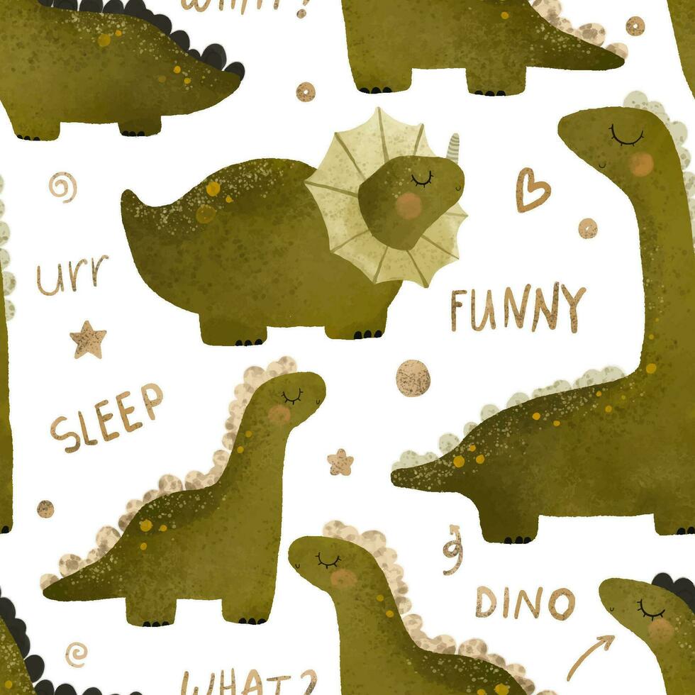 sömlös mönster med grön dino illustration, dinosaurie isolerat ClipArt. barnslig kort med t rex. gammal djur, Zoo design. söt barnslig illustration, ändlös design på vit bakgrund vektor