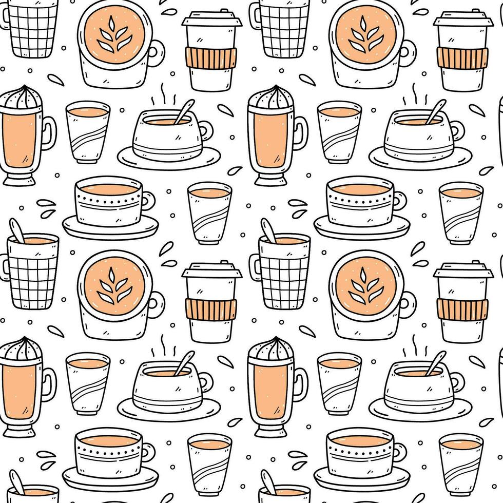 söt sömlös mönster med kaffe koppar - americano, cappuccino, mocka, latte. vektor ritad för hand illustration i klotter stil. perfekt för skriva ut, meny, omslag papper, tapet, olika mönster.