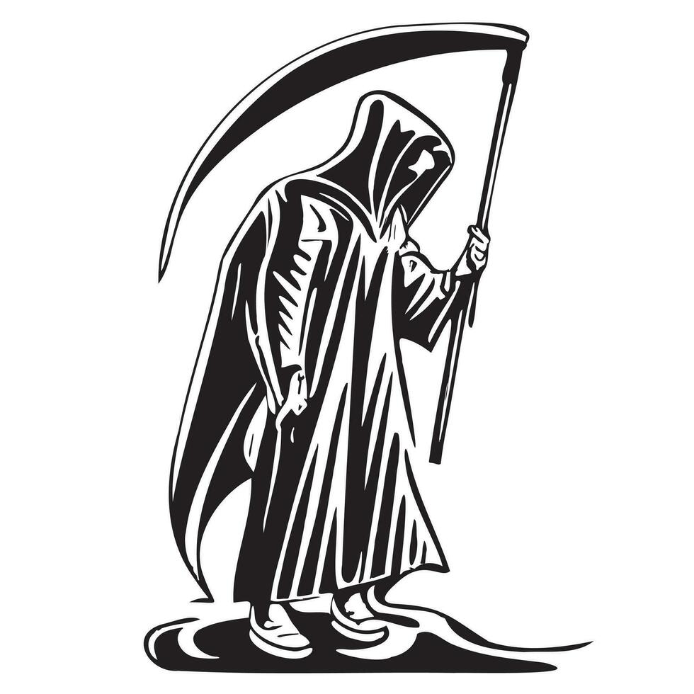 Tod im ein Mantel mit ein Hand gezeichnet Sense skizzieren Illustration Halloween Karikatur vektor