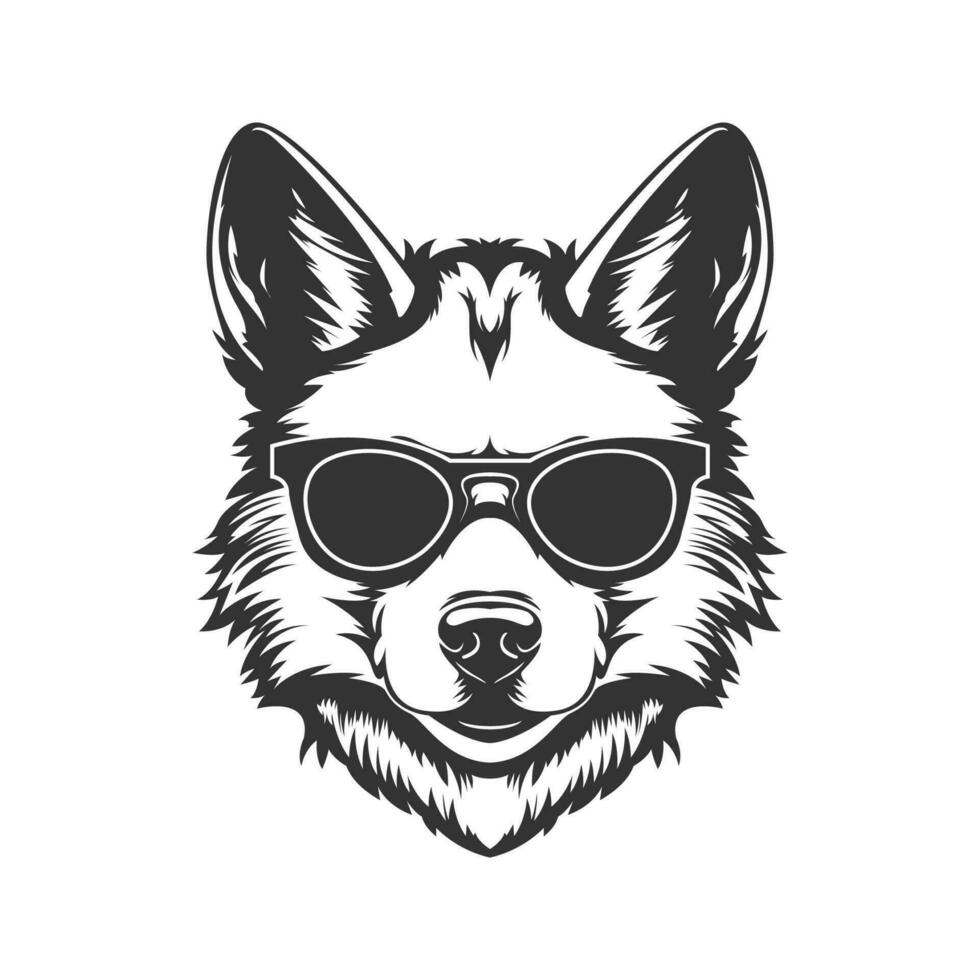 Wolf tragen Sonnenbrille, Jahrgang Logo Linie Kunst Konzept schwarz und Weiß Farbe, Hand gezeichnet Illustration vektor