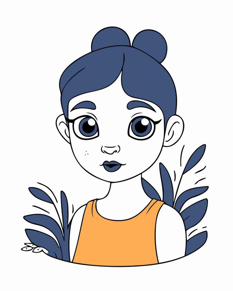 en tecknad serie flicka med blå ögon och en blå skjorta vektor