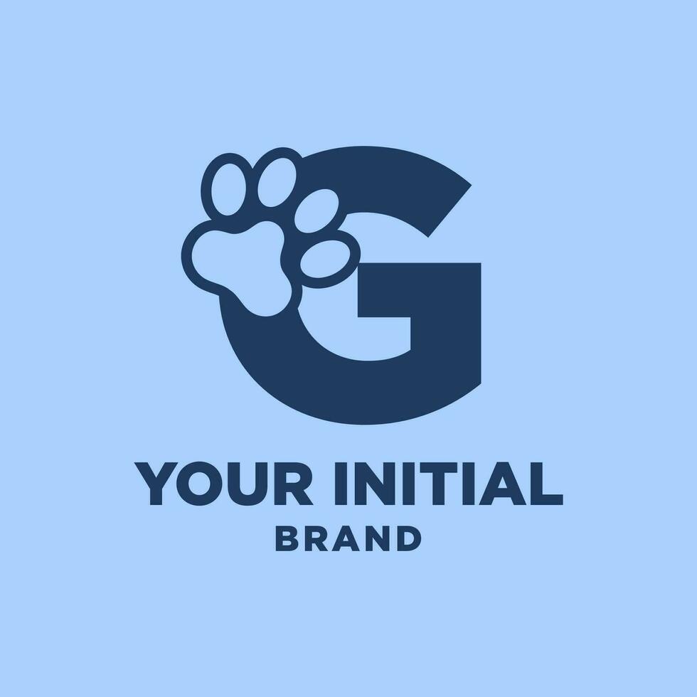 Brief G Pfote drucken Hund Fuß Silhouette im Negativ Raum Initiale Vektor Logo Design