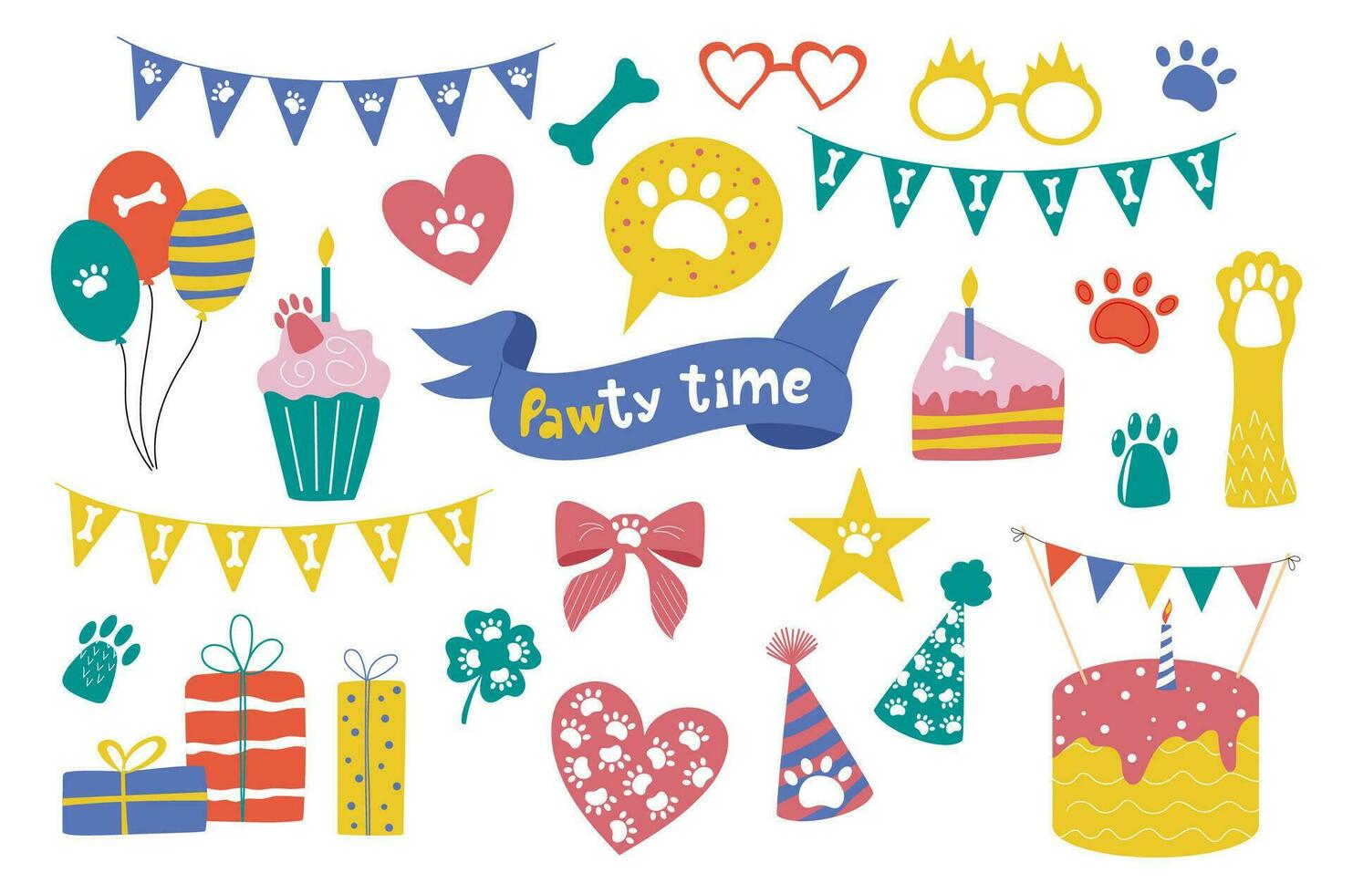 färgrik ritad för hand samling för hundar fest. design av hund födelsedag hattar, ballonger, gåva lådor, flaggväv, kaka, rosett, hjärta med Tass. vektor