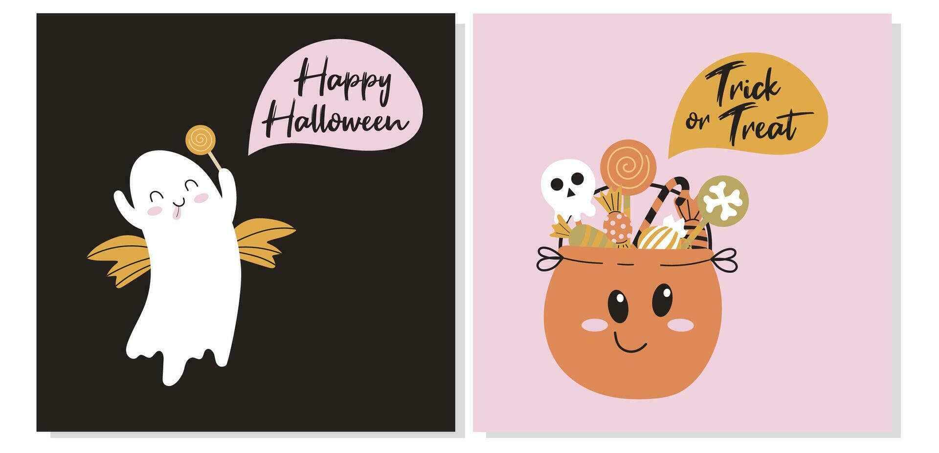 zwei Halloween Gruß Karten mit süß lächelnd Geist und glücklich Kessel mit Süßigkeiten. vektor