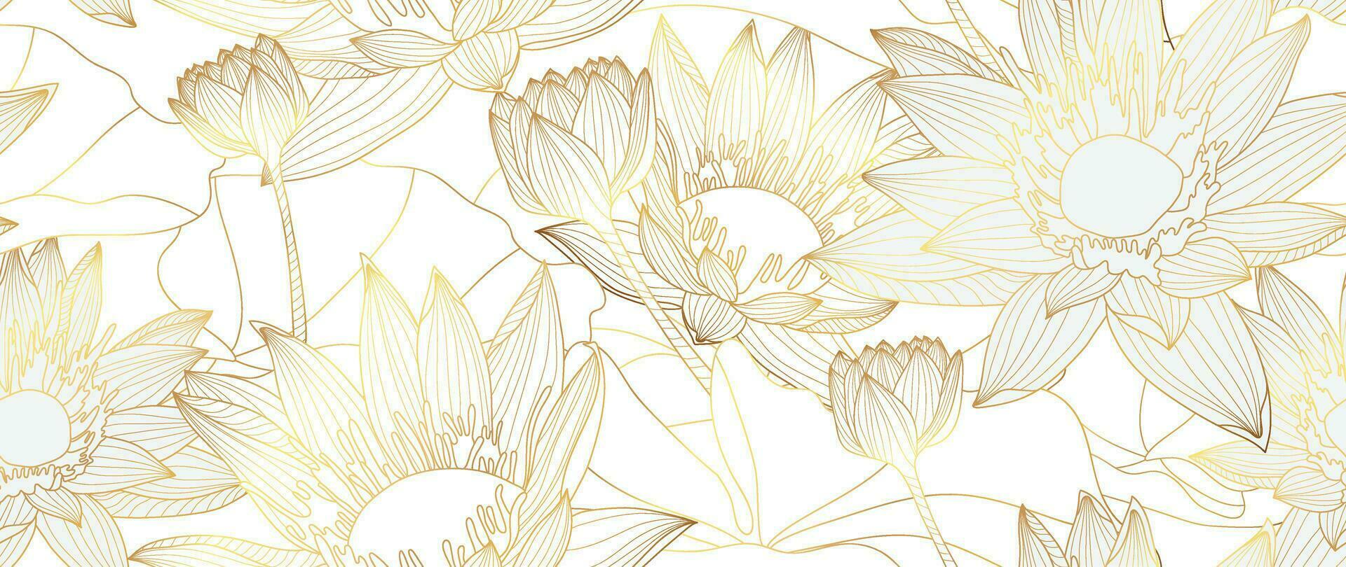 lyx hand dragen lotus blommor bakgrund vektor. elegant lutning guld lotus blommor linje konst, löv på vit bakgrund. orientalisk design för bröllop inbjudan, omslag, skriva ut, dekoration, mall. vektor