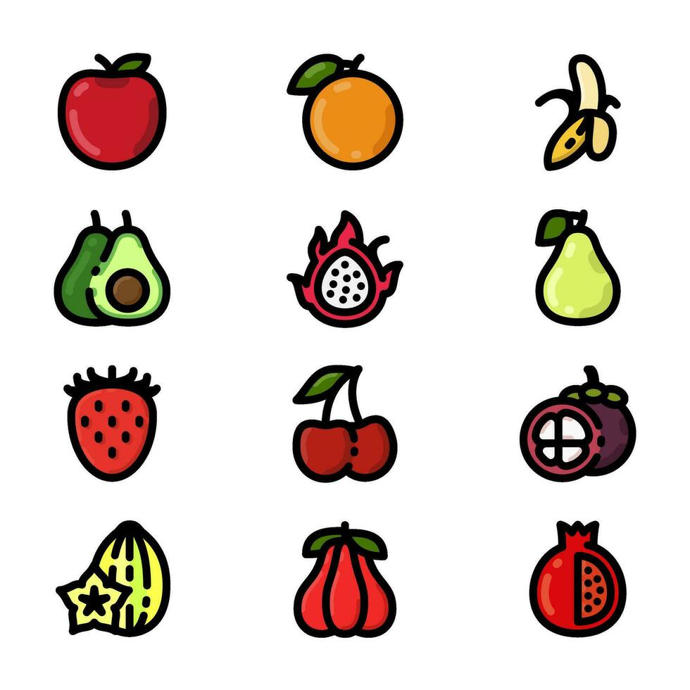 Früchte Symbol Satz, im farbig Gliederung Stil, einschließlich Apfel, orange, Banane, und Avocado, geeignet zum Essen und Getränk braucht. vektor