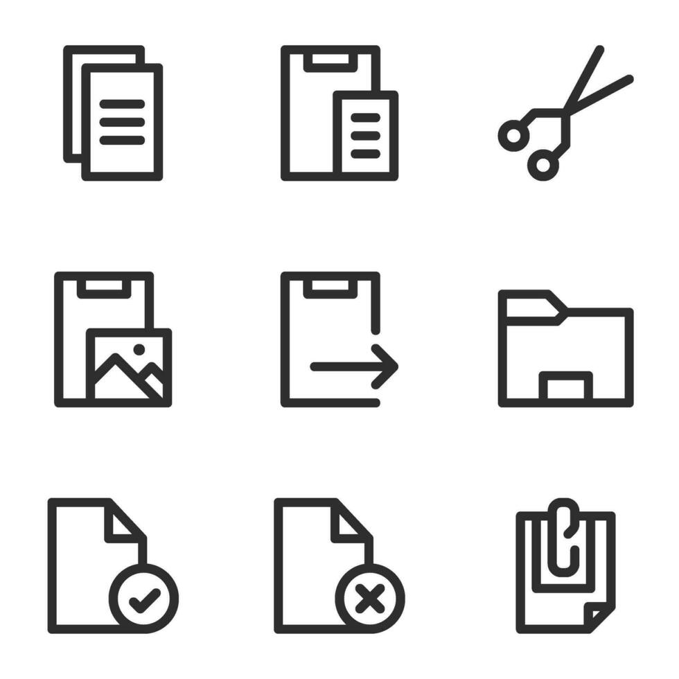 dokumentera och filer ikon uppsättning, i linje stil, inkluderar kopiera, skära, klistra, anknytning, filer och mappar. lämplig för företag behov, kontor och jobb. vektor