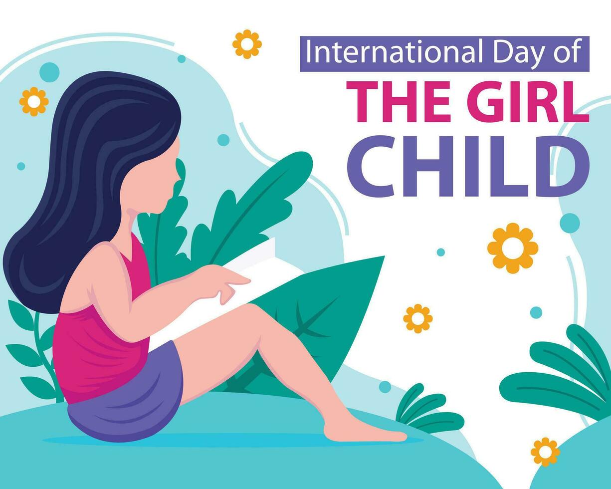 Illustration Vektor Grafik von ein Mädchen ist Sitzung und lesen ein Buch im das Park, perfekt zum International Tag, International Tag von Mädchen Kind, zelebrieren, Gruß Karte, usw.