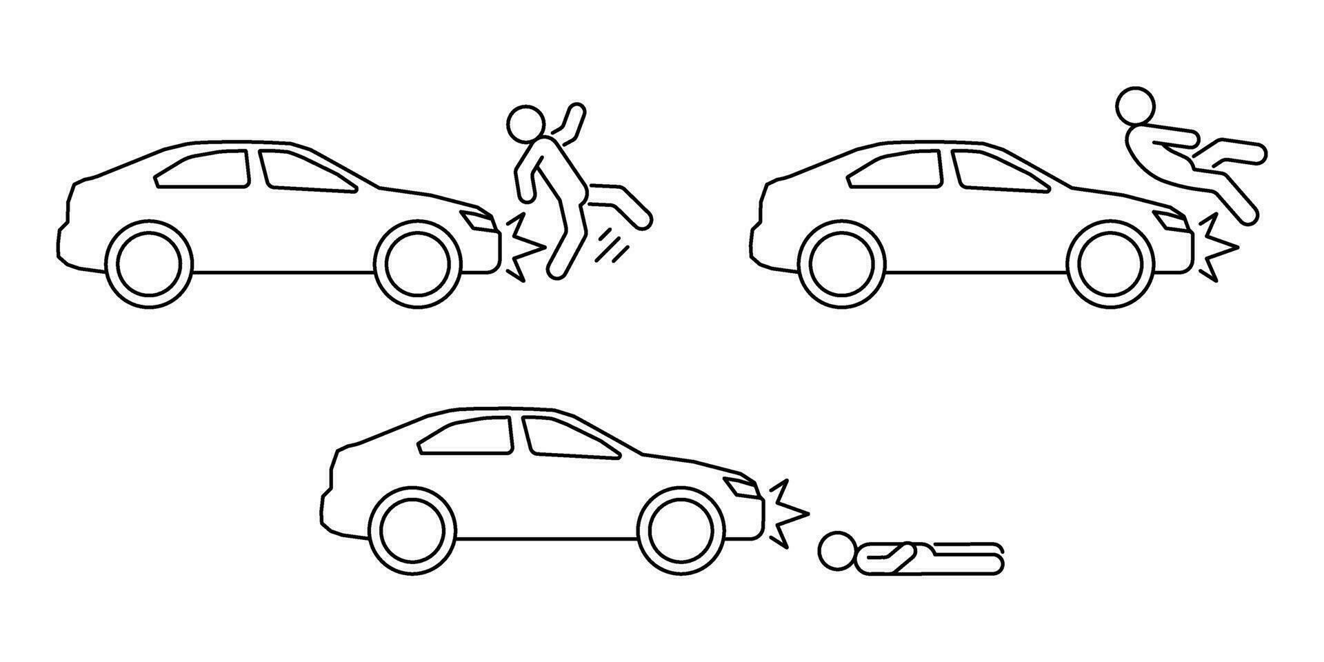 bil krascha med människor, olycka av transport, linje konst ikon uppsättning. kollision med ett hinder person. slå ner fotgängare. vektor översikt illustration