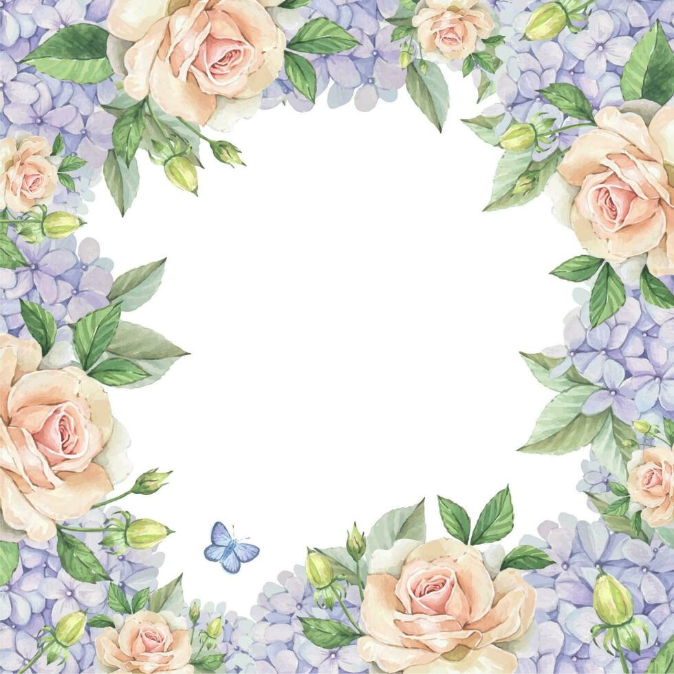 Blumen- Platz Rahmen mit zart Rosen , lila Hortensie, Blätter, Aquarell vektor