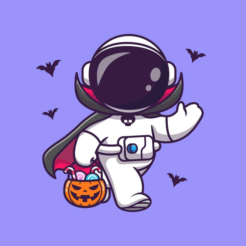 süß Astronaut Dracula halten Kürbis Korb Süßigkeiten Karikatur Vektor Symbol Illustration. Wissenschaft Urlaub Symbol Konzept isoliert Prämie Vektor. eben Karikatur Stil