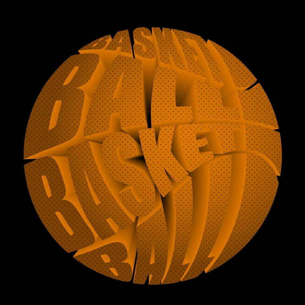 Ball zum Basketball. 3d Bild mit Name von Sport Spiel. Mannschaft Sport, aktiv Lebensstil. isoliert Vektor auf dunkel Hintergrund