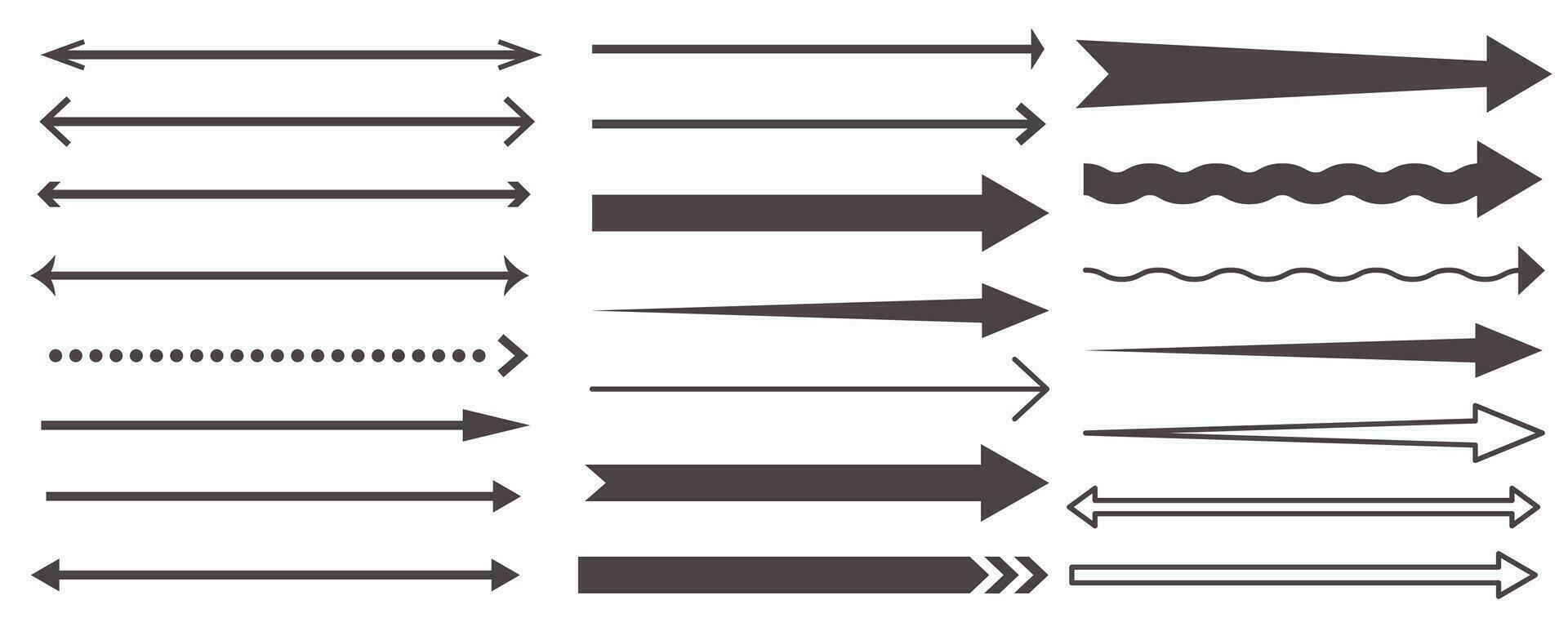 lange Gerade Pfeil Satz. horizontal richtig schwarz Linien. Basic einfach Zeiger. Vektor Illustration isoliert auf Weiß Hintergrund