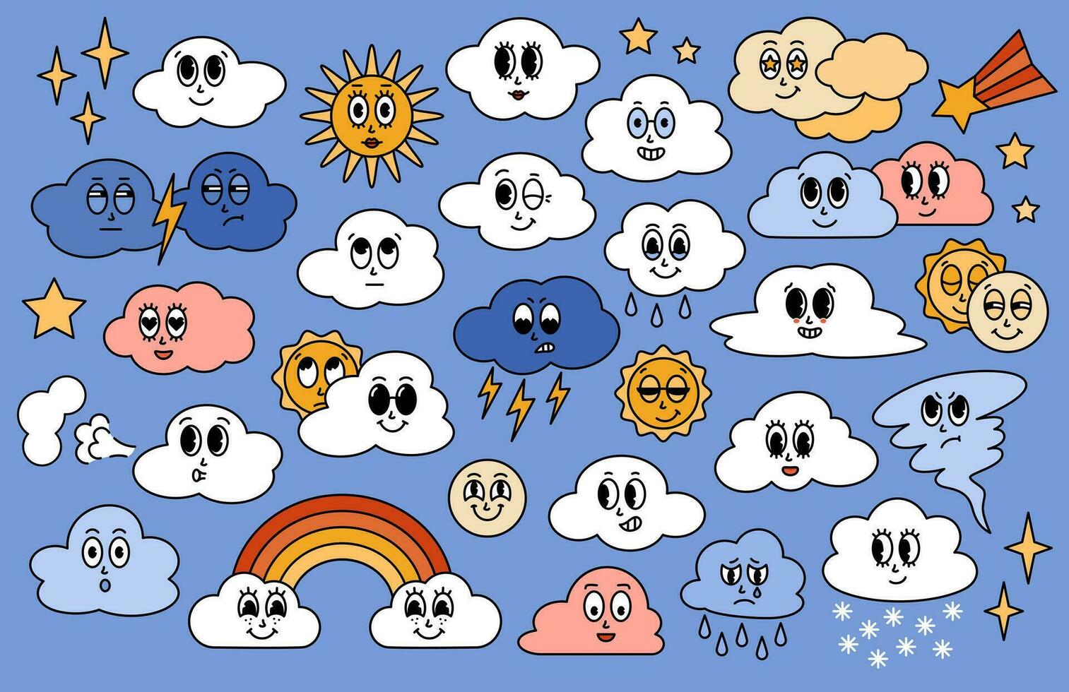 retro tecknad serie moln, Sol, måne, regnbåge, stjärna karaktär med annorlunda känsla. häftig klistermärke packa. vektor illustration