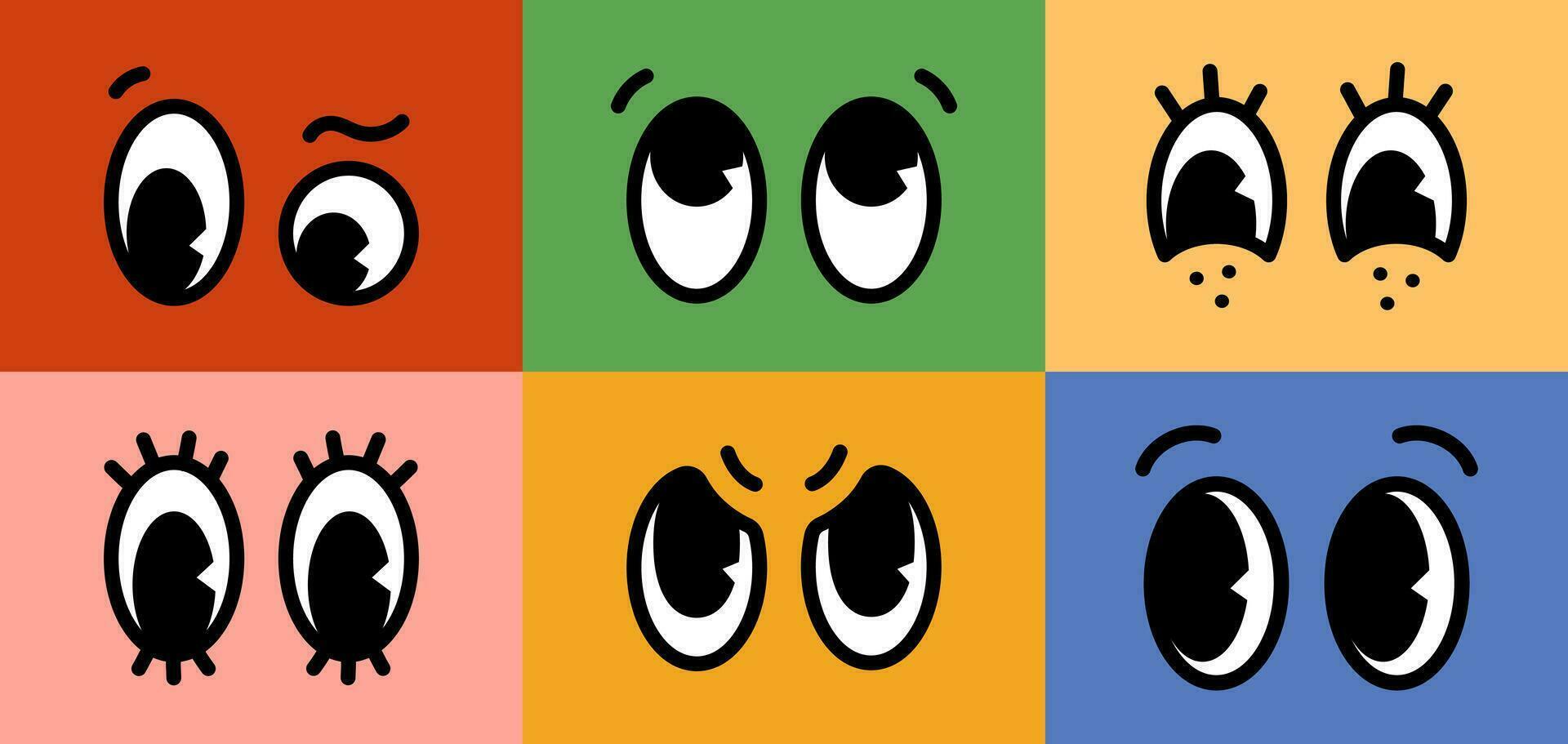 Karikatur retro Charakter Comic Augen Emotionen einstellen auf farbig Hintergründe. Vektor Illustration
