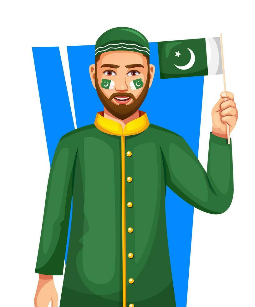 Porträt von ein jung ethnisch Mann halten das National Flagge von Pakistan vektor
