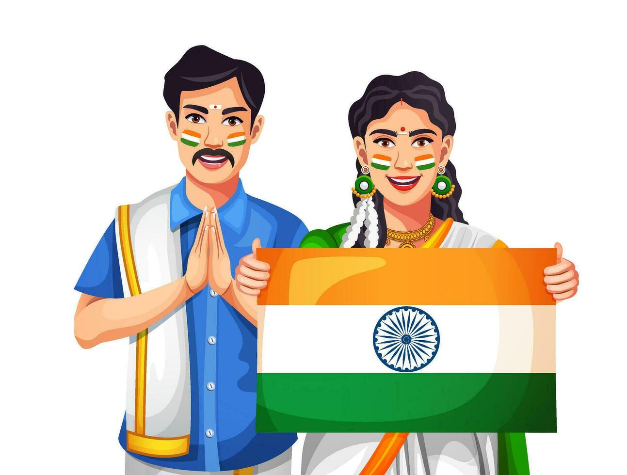 Lycklig söder indisk par innehav nationell tricolor flagga. fira oberoende och republik dag vektor