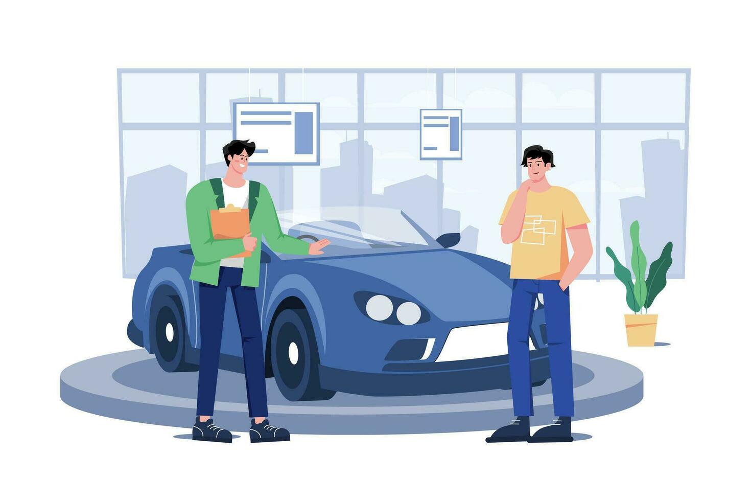 Verkäufer, der das Fahrzeug einem potenziellen Kunden im Autohaus zeigt vektor