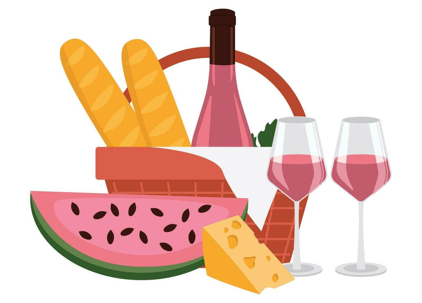 flaska av reste sig vin, vin i glasögon, ost, baguetter, vattenmelon och en picknick korg. vektor grafisk.