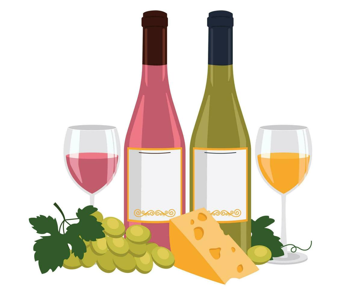 Flasche von Rose Wein und ein Flasche von Weiß Wein, Wein im Gläser, Käse und Traube. Vektor Grafik.