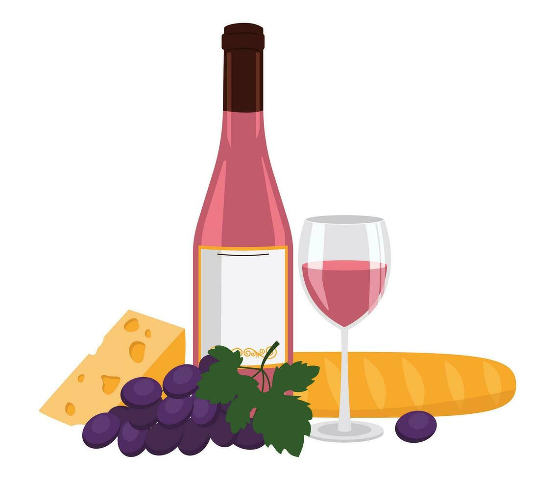 Flasche von Rose Wein, Wein im ein Glas, Käse, Stangenbrot und Traube. Vektor Grafik.