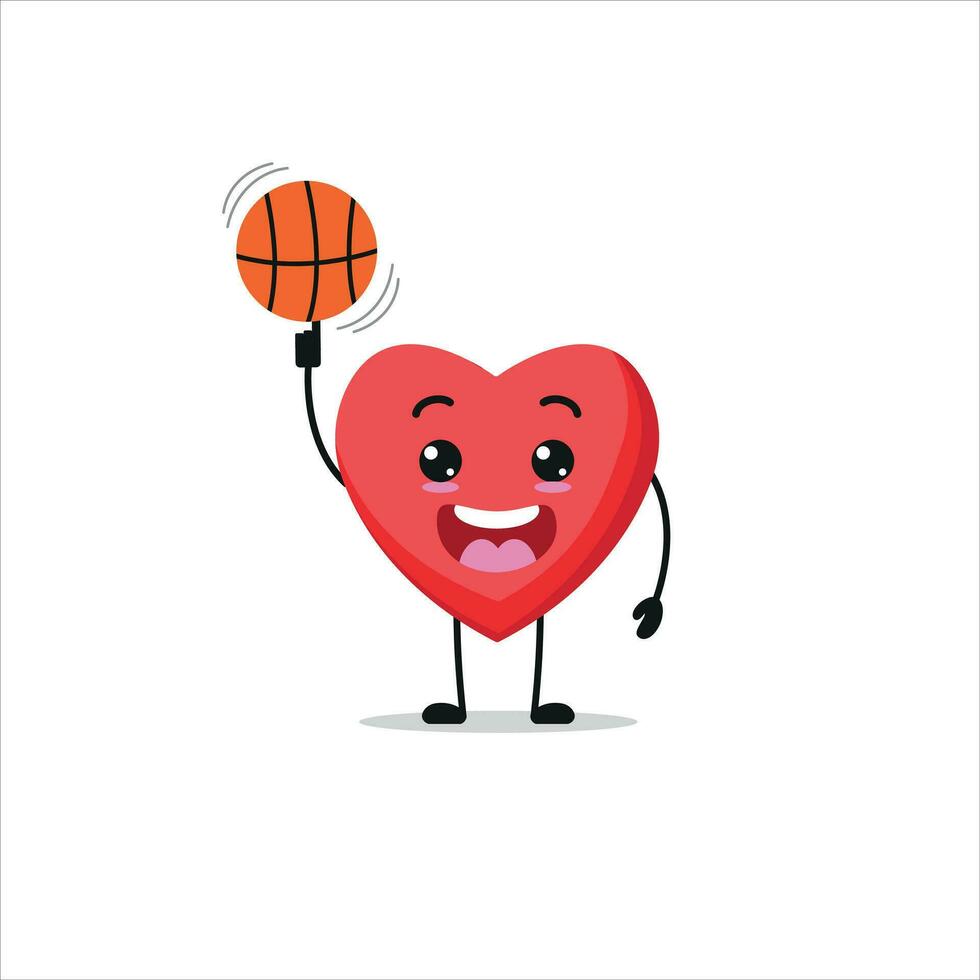 söt och rolig hjärta spela basketboll. mat håller på med kondition eller sporter övningar. Lycklig karaktär arbetssätt ut vektor illustration.