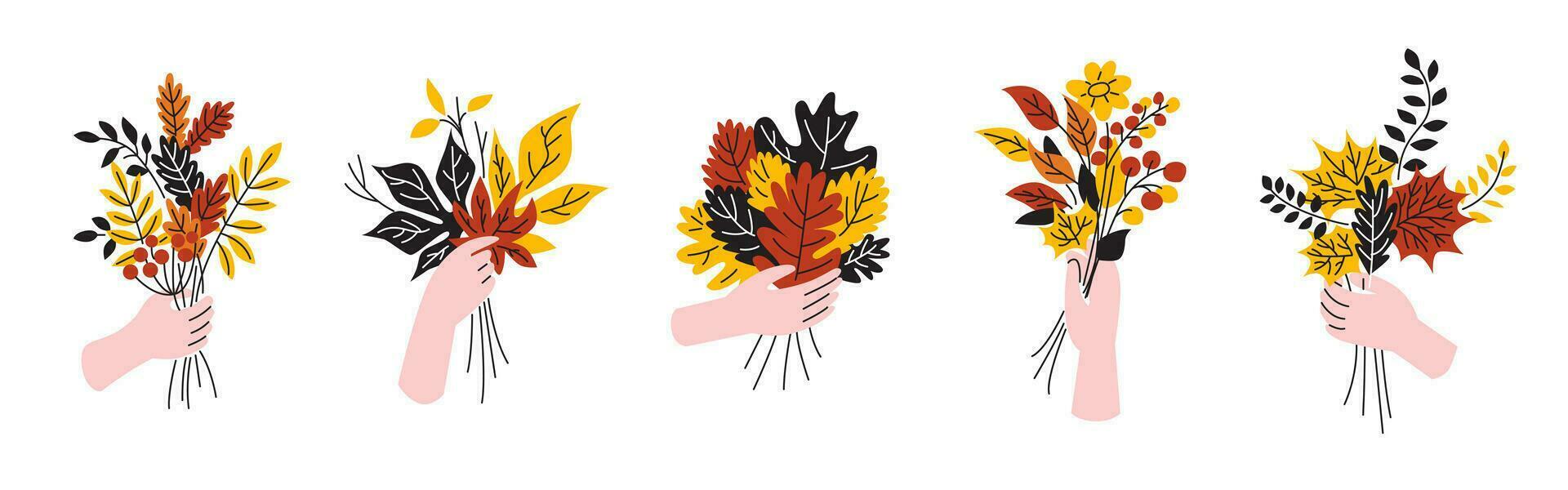 en uppsättning av höst kompositioner. de hand innehar en bukett med gul löv. fingrar och en bukett av orange grenar. falla löv vektor