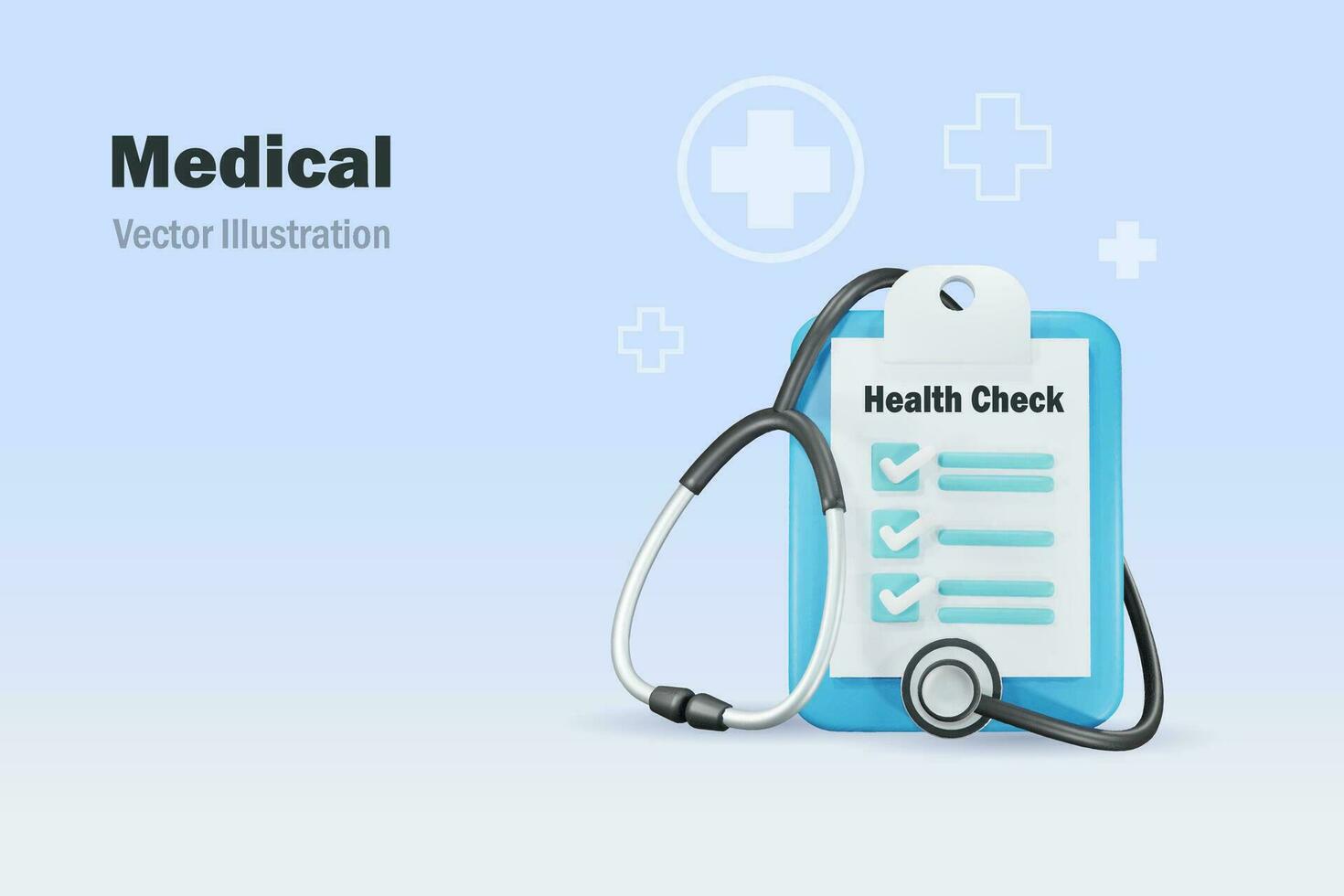 medicinsk hälsa kolla upp. stetoskop med medicinsk kolla upp lista styrelse. medicinsk och hälsa försäkring begrepp. 3d vektor. vektor