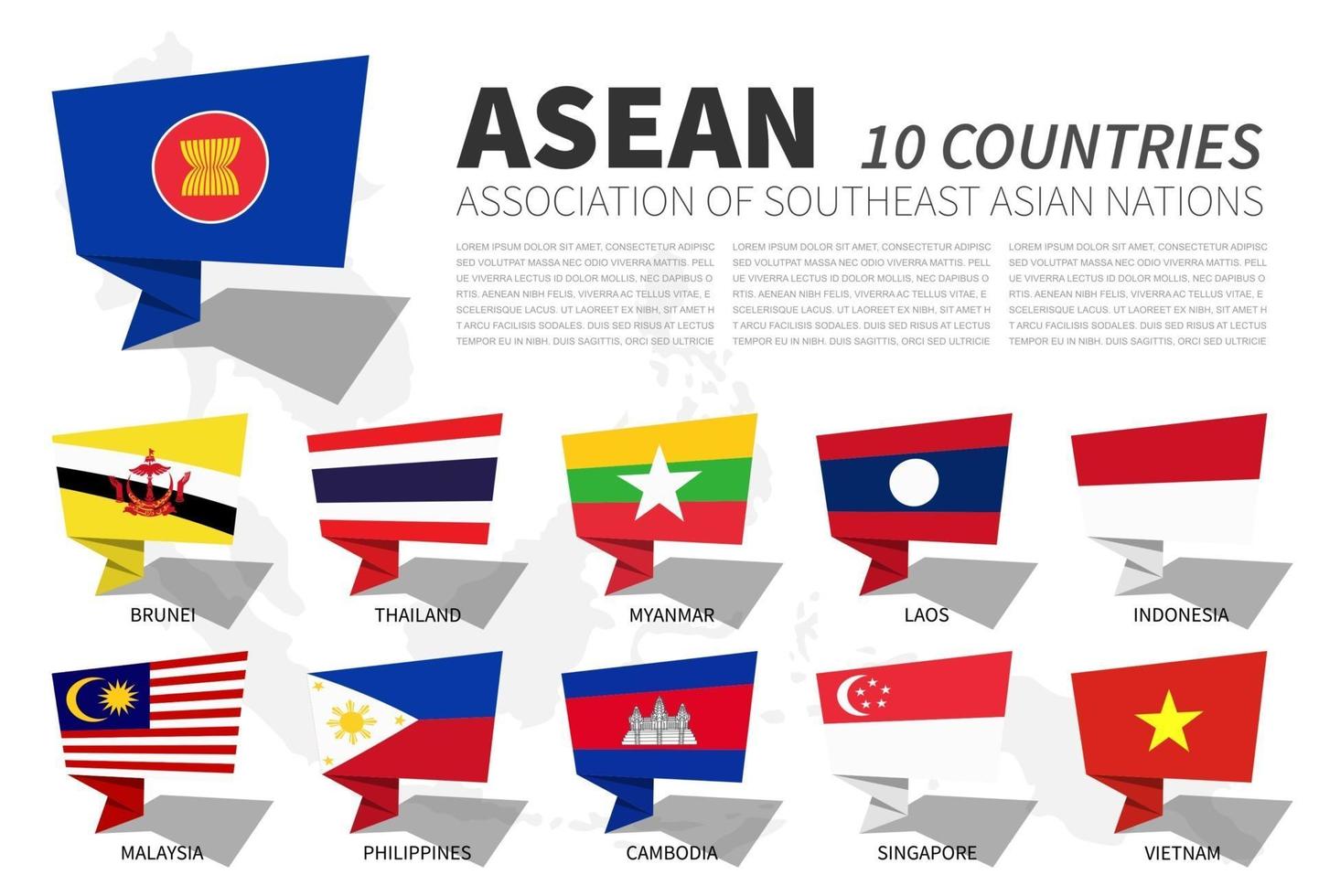 asean flagga och medlemskap på Sydostasien karta bakgrund. pratbubblor design. vektor
