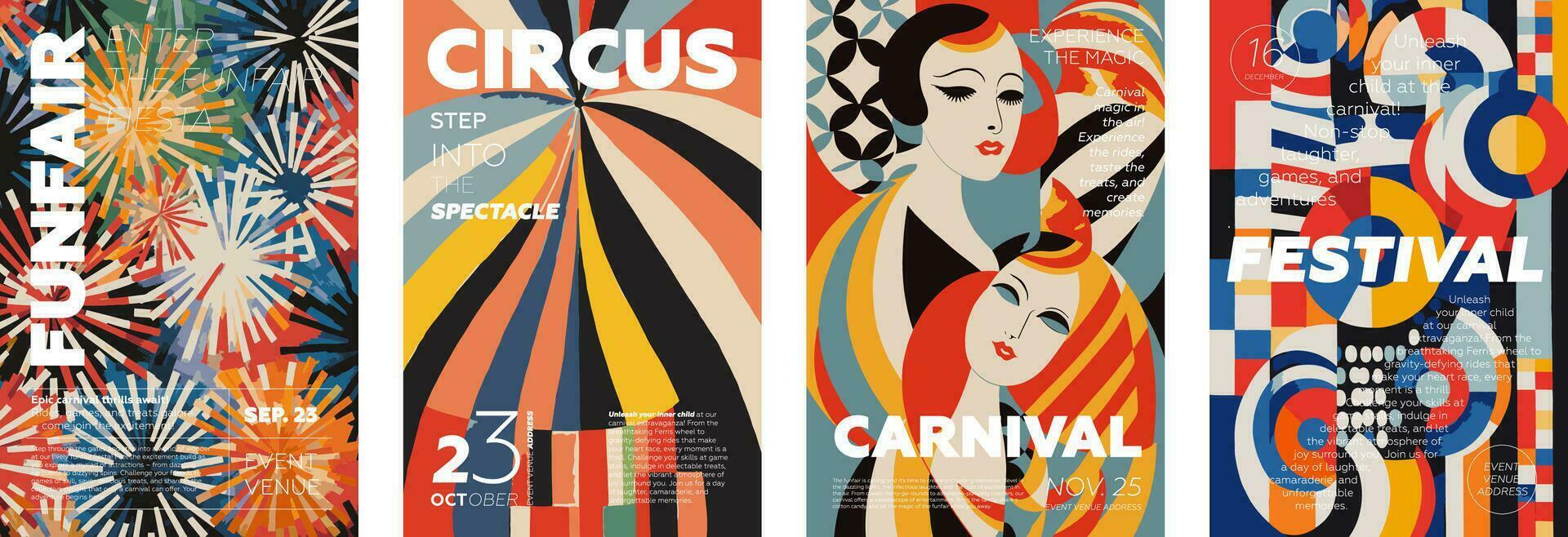 karneval och tivoli kreativ retro konst affisch uppsättning. cirkus och festival årgång typografi skriva ut design samling. plakat med promo text på färgrik abstrakt mönster. vektor eps modern trendig omslag