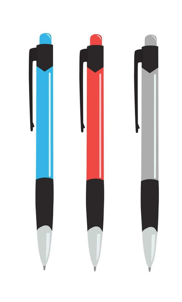 Kugelschreiber Stift Vektor Illustration im anders Farben. zurück zu Schule Konzept. Schreibwaren, Büro liefert oder Schule liefert Vektor. eben Vektor im Karikatur Stil isoliert auf Weiß Hintergrund.