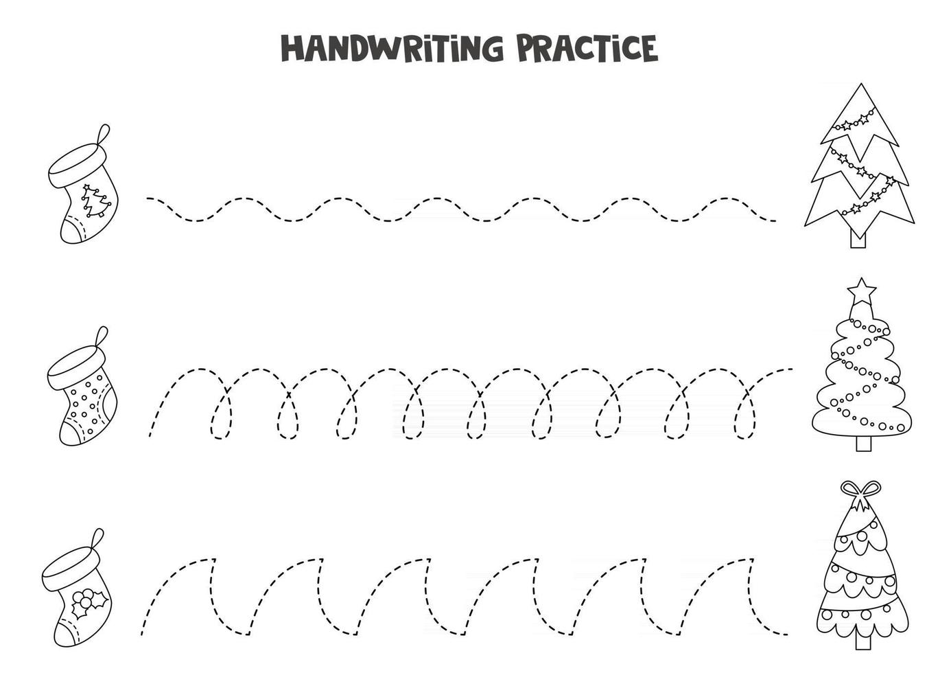 spåra linjer med svarta och vita julsockor och träd. skrivpraxis. vektor