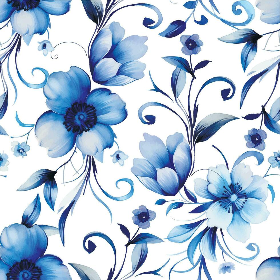 vattenfärg teckning, sömlös mönster av blå blommor. prydnad för porslin, årgång skriva ut vektor