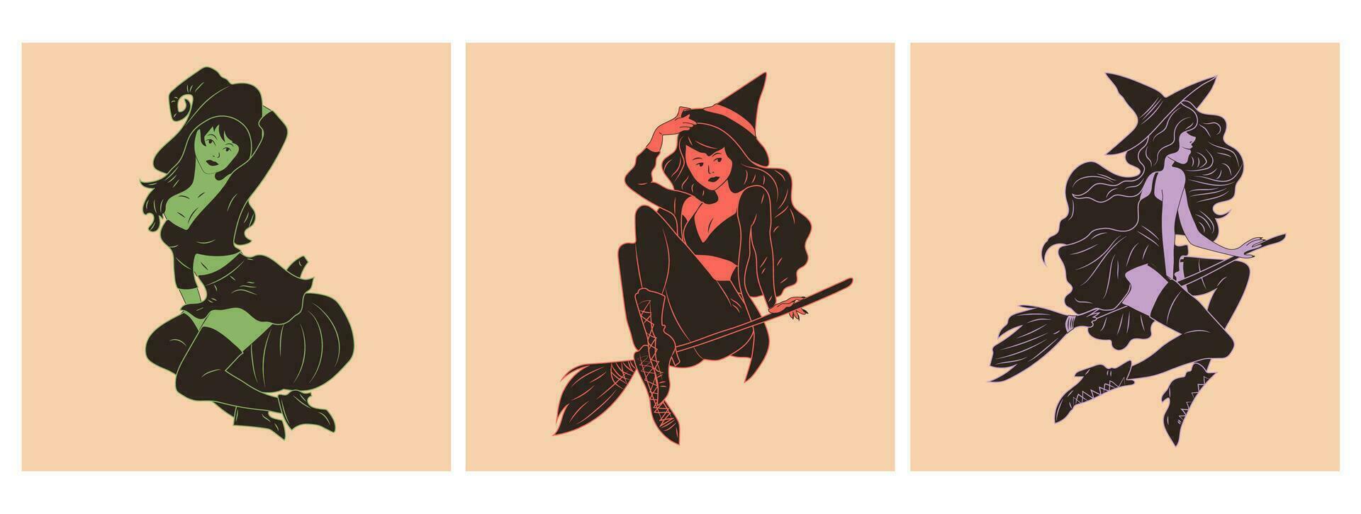 uppsättning av tre häxa. söt damer. utvikningsbrud, retro stil. halloween kostym begrepp. hand dragen modern vektor illustration. affisch, klistermärke mallar